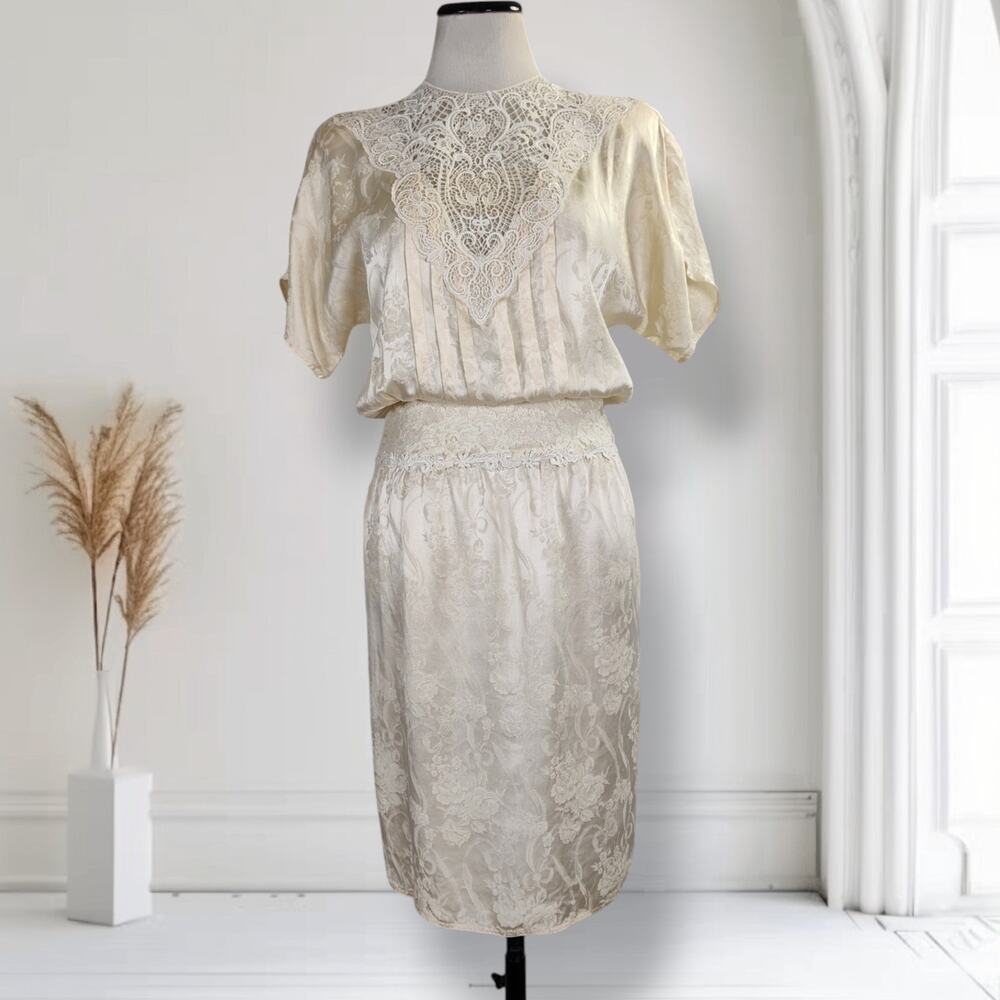 Vintage Jessica McClintock Silk Dress Size 2 Ivory Lace Jacquard Bridal 80s